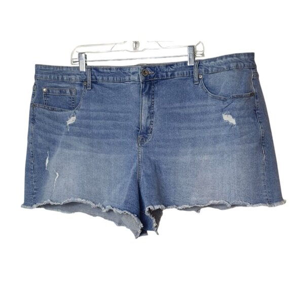 Torrid Womens Plus Sz 26 Denim Shorts Hi Rise Distressed Frayed Hem Blue Stretch - Picture 1 of 6